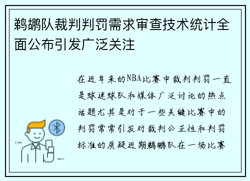 鹈鹕队裁判判罚需求审查技术统计全面公布引发广泛关注